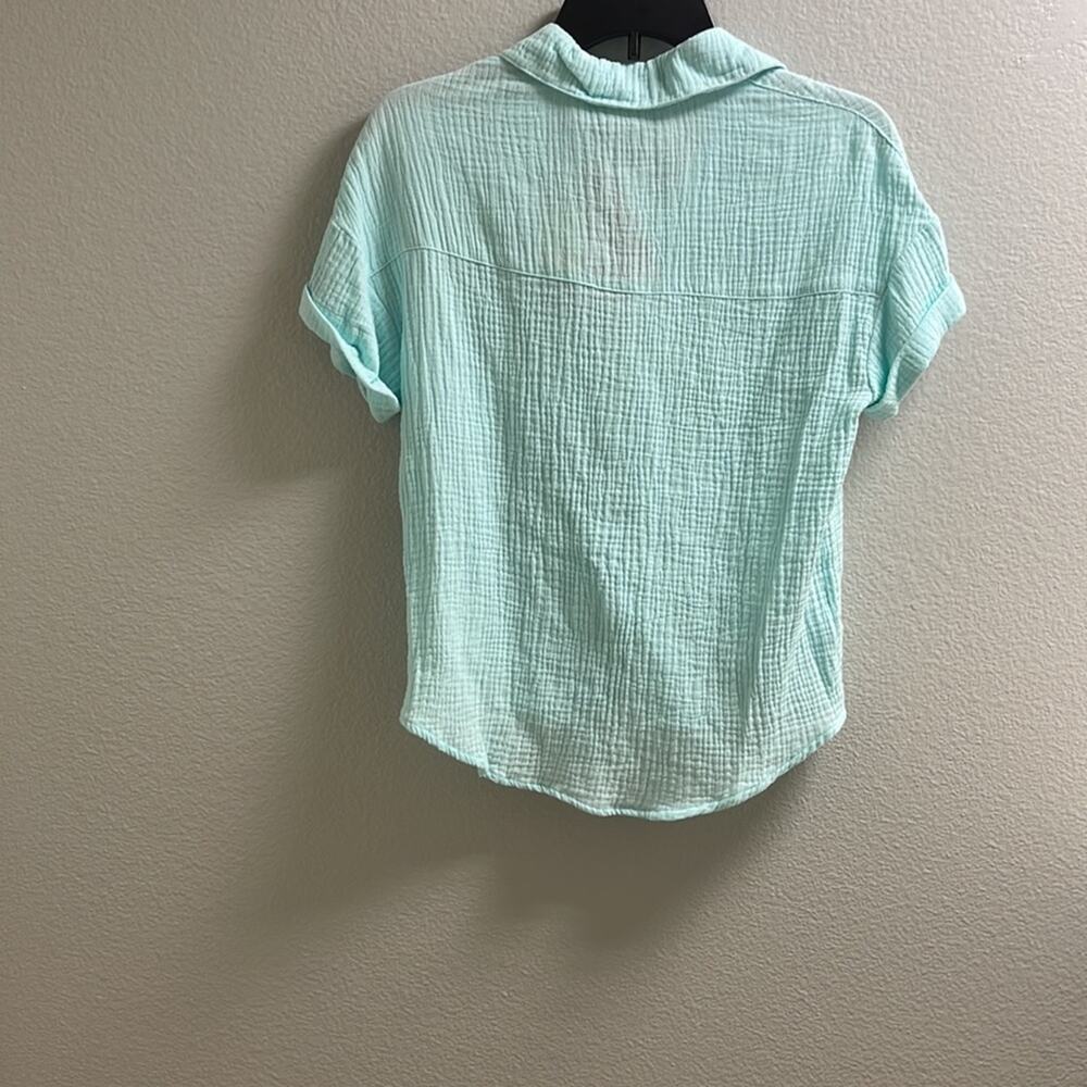 H). Self Esteem Button Down Shirt Short Roll Up Sleeve Teal Blue Medium - Picture 8 of 14